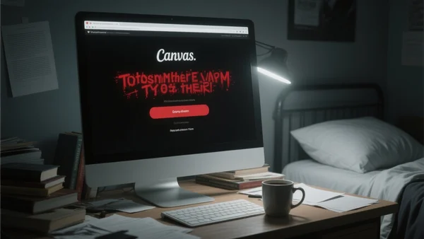 Un écran d'ordinateur affichant une page de connexion Canvas défigurée par un message de ransomware, fond d'écran noir avec texte rouge menaçant, dans une chambre étudiante sombre éclairée par la lueur de l'écran