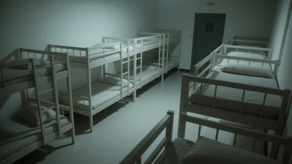 Intérieur d'une salle de sieste vide, lits superposés alignés contre le mur, lumière tamisée, ambiance oppressante, angle en plongée
