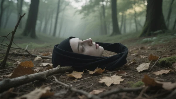 Plan serré sur un bandeau noir posé sur le sol d'une forêt, entouré de feuilles mortes et de branches, lumière tamisée traversant les arbres, ambiance inquiétante et vide