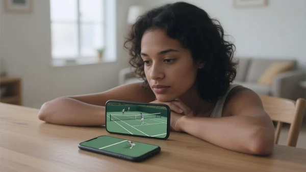 Personne regardant un match de tennis sur un smartphone posé sur une table, écran affichant le terrain, fond de salon lumineux