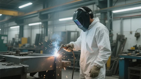 Soudeur nucléaire en combinaison blanche et casque de protection, torche à la main, soudant une pièce métallique dans un atelier industriel éclairé