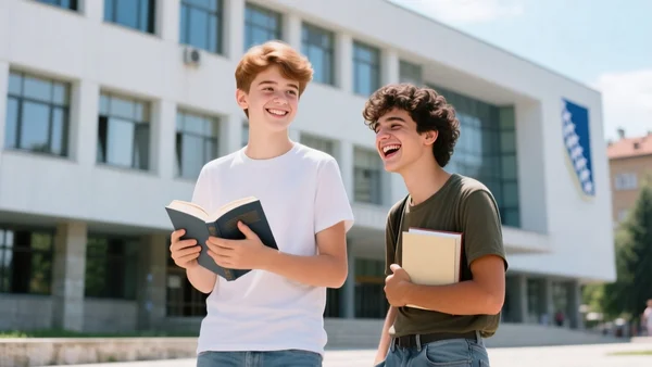 Groupe de jeunes Bosniaques souriant devant un bâtiment universitaire moderne à Sarajevo, lumière du jour, tenues décontractées, livres à la main