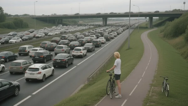 Vue aérienne d'un échangeur autoroutier encombré de voitures, ciel gris, contraste entre circulation dense et une piste cyclable vide en bordure