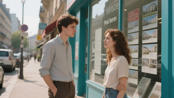 Jeune couple debout devant une agence immobilière en banlieue parisienne, vitrine affichant des annonces, trottoir animé