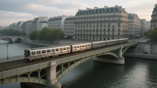 Vue aérienne d'une rame de métro parisien traversant un pont au-dessus de la Seine, immeubles haussmanniens en arrière-plan, ciel nuageux en fin d'après-midi