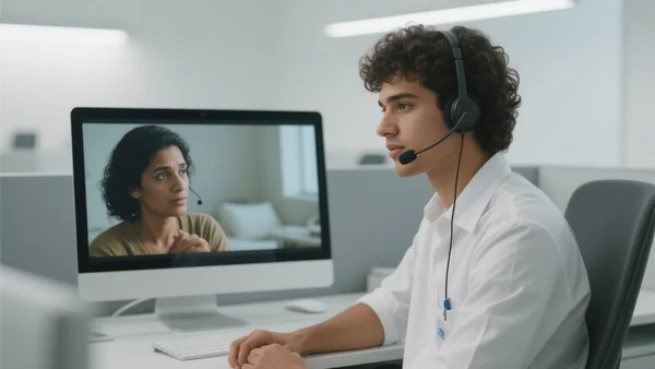 Jeune infirmier en blouse discutant avec un patient via un écran d'ordinateur dans un bureau moderne, casque audio, éclairage doux