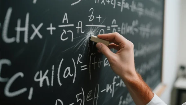 Gros plan sur un tableau noir couvert d'équations mathématiques complexes tracées à la craie blanche, une main effaçant partiellement une formule, éclairage tamisé de salle de recherche