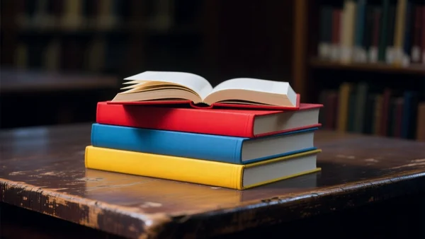 Trois livres empilés sur une table en bois, lumière tamisée de librairie, couvertures aux couleurs vives