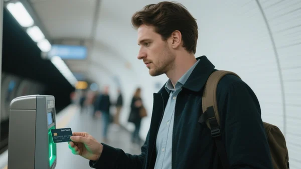 Voyageur posant sa carte bancaire sans contact sur un valideur de métro lyonnais, main en action, lumière de quai souterrain, arrière-plan flou avec d'autres passagers