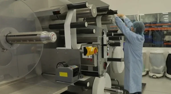 Opérateur de production chez Urgo sur une machine industrielle.