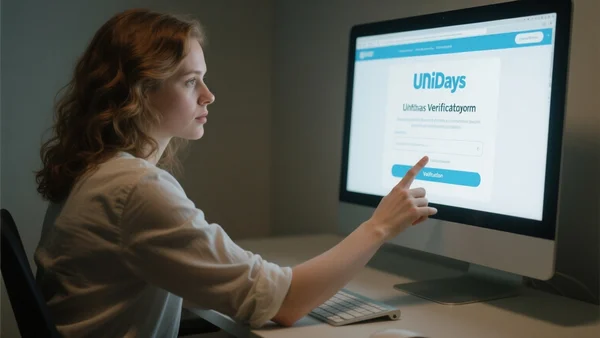 Écran d'ordinateur affichant le formulaire de vérification UNiDAYS, avec une main prête à cliquer sur le bouton de validation, éclairage tamisé