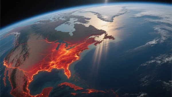 Globe terrestre vu de l'espace, avec des zones rouges et oranges vives indiquant une chaleur intense à la surface, fond d'océan bleu sombre, lumière solaire sur un côté