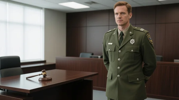 Un avocat en uniforme militaire américain avec des insignes de grade, debout dans une salle d'audience civile moderne avec des boiseries sombres et un marteau de juge sur le bureau en arrière-plan