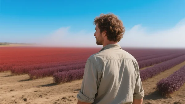 Carte de France métropolitaine avec un dégradé de couleurs du rouge au violet sur le Sud-Ouest, symbolisant les températures extrêmes, ciel bleu vif au-dessus