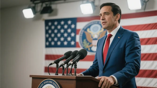 Marco Rubio au pupitre du département d'État, costume bleu, cravate rouge, micros devant lui, drapeau américain en arrière-plan, éclairage vif d'une conférence de presse