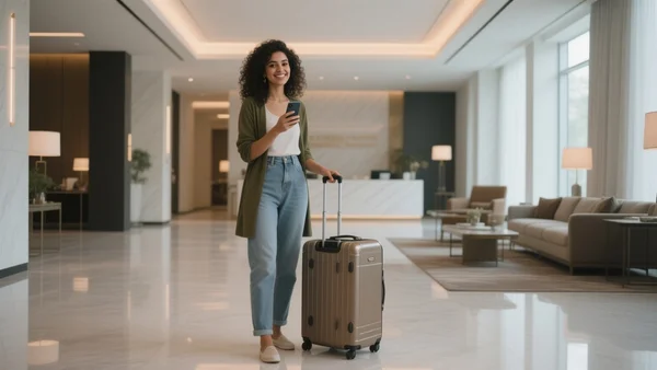 Jeune femme souriant dans un hall d'hôtel design, tenant son téléphone, valise de luxe à côté, lumière chaude et moderne