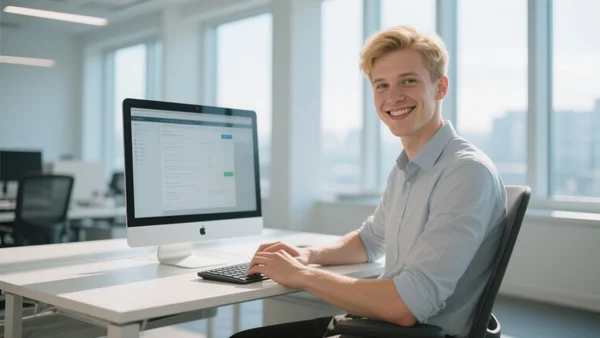 Portrait d'un jeune employé souriant devant un écran d'ordinateur dans un open space lumineux, ambiance de travail moderne