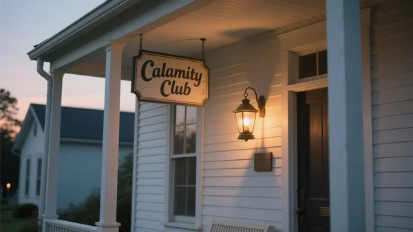 Façade d'une maison en bois blanc avec un panneau suspendu 'Calamity Club', perron éclairé par une lanterne, crépuscule dans une petite ville du Sud américain