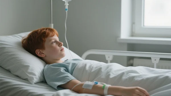 Jeune garçon allongé dans un lit d'hôpital, perfusion au bras, regardant par la fenêtre, chambre calme avec lumière naturelle tamisée