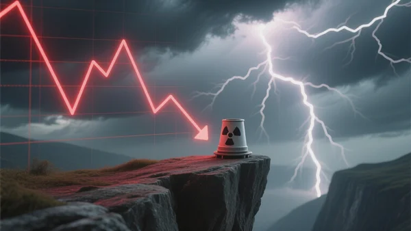 Graphique boursier en chute libre sur fond de ciel orageux, lignes rouges descendantes, icône de réacteur nucléaire minuscule au bord du précipice, rendu réaliste avec une lumière dramatique.