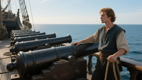 Gros plan sur le pont d'un galion avec 40 canons alignés, mer calme au coucher du soleil, bois sombre et cordages, ambiance de combat naval