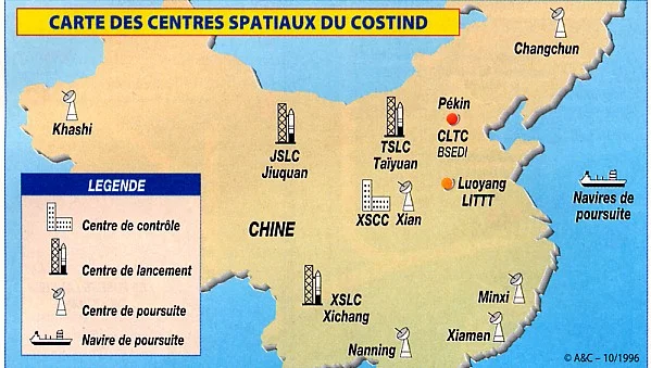 Carte des centres spatiaux chinois, incluant Jiuquan, Taiyuan et Xichang, avec légende en français.