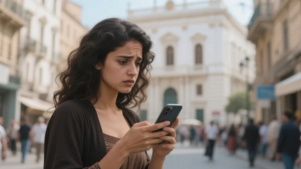 Jeune femme regardant son téléphone dans une rue animée, expression préoccupée, bâtiments officiels en arrière-plan flou