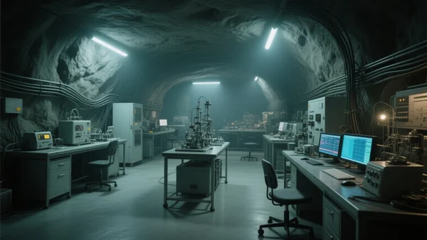 Vue intérieure d'un laboratoire souterrain avec des instruments scientifiques sur des tables, éclairage artificiel, parois rocheuses apparentes, câbles et ordinateurs