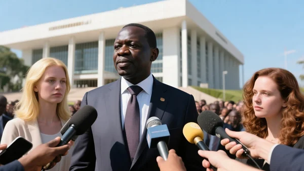 Homme politique africain en costume-cravate s'adressant à une foule de journalistes, micros tendus, bâtiment moderne du Parlement en arrière-plan, lumière naturelle du jour