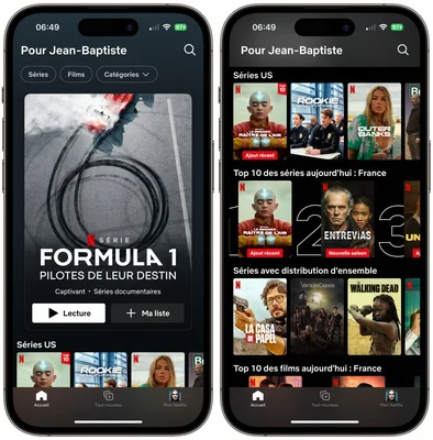 Interface de l'application Netflix sur iOS avec diverses catégories de films et séries.