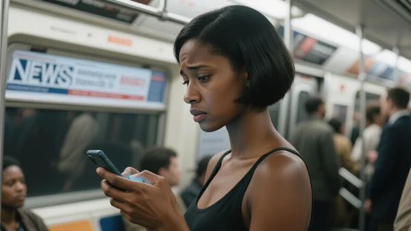 Jeune femme regardant son téléphone dans un métro bondé, expression inquiète, affichage d'actualités en arrière-plan flou
