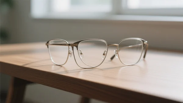Monture de lunettes élégante posée sur une table en bois, lumière naturelle, style discret et moderne, aucune technologie visible