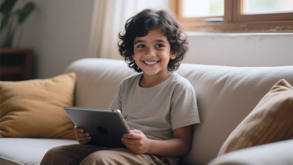 Enfant souriant assis sur un canapé, tablette posée sur les genoux, lumière naturelle venant d'une fenêtre, décoration chaleureuse