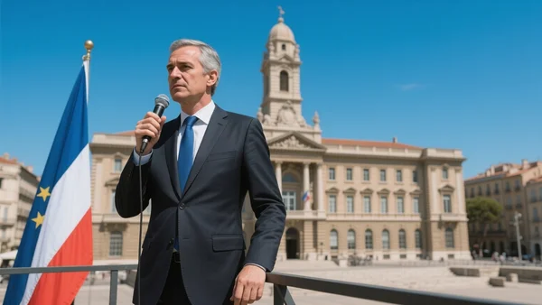 Benoît Payan, maire de Marseille, debout sur une estrade devant le drapeau de la ville, micro en main, expression déterminée, fond de la mairie de Marseille par temps ensoleillé
