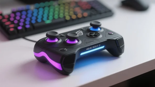 Gros plan sur la console Asus ROG Ally 2 posée sur un bureau, éclairage RGB violet et bleu sur les sticks analogiques, fond flou de clavier gamer