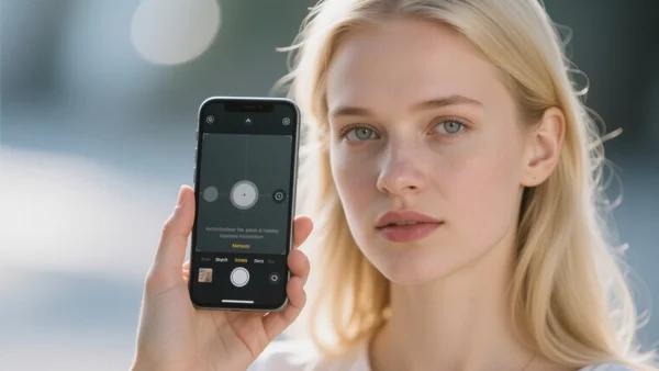 Portrait d'une personne cadré en gros plan avec un arrière-plan artistiquement flou, main tenant un iPhone affichant le réglage de profondeur de champ, lumière naturelle douce