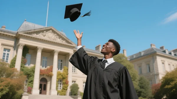 Jeune diplômé en toge et mortier lançant son bonnet en l'air devant une université française, lumière dorée de fin d'après-midi