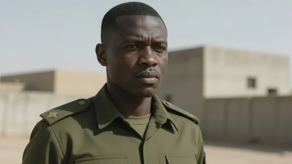Portrait d'un officier militaire malien en uniforme, visage grave, fond flou de bâtiments militaires, lumière dure de mi-journée