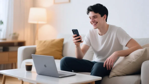 Jeune homme assis sur un canapé, smartphone dans une main, large sourire en regardant l'écran, sur la table basse un ordinateur portable fermé et une tasse de café, ambiance salon chaleureuse