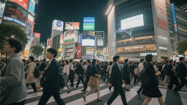 Foule dense traversant un passage piéton à Shibuya, Tokyo, immeubles illuminés et panneaux publicitaires lumineux en arrière-plan, plan large en contre-plongée