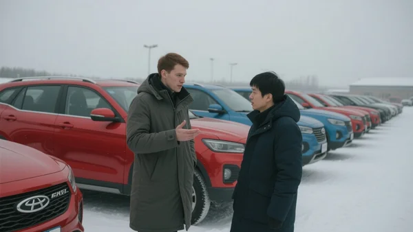 Tas de voitures chinoises Haval et Chery garées sur un parking enneigé à Suifenhe, un vendeur russe en manteau discute avec un client chinois, ciel gris d'hiver
