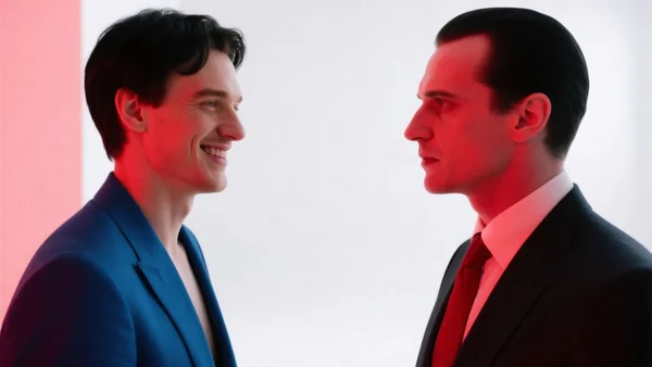 Deux personnages stylisés face à face dans un décor épuré, l'un en costume bleu décontracté souriant, l'autre en cravate rouge stricte l'air condescendant, éclairage de studio blanc et rouge vif