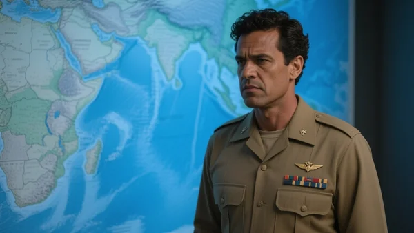 Amiral en uniforme militaire debout devant une carte stratégique, lumière bleutée, regard déterminé