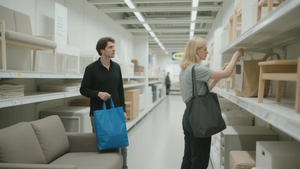 Intérieur d'un nouveau magasin Ikea compact en centre-ville, allées lumineuses et dégagées avec des meubles exposés sur un seul niveau, clients déambulant avec des cabas, plafond bas et éclairage chaud
