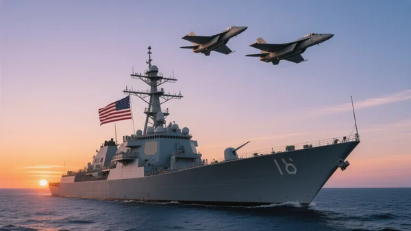 Un destroyer américain en pleine mer, des avions de chasse dans le ciel au coucher du soleil, drapeau américain flottant au vent