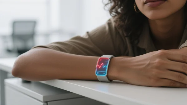 Bras d'une personne portant un bracelet connecté sur le poignet, l'écran affiche une courbe d'émotion colorée passant du rouge au bleu, fond flou de bureau moderne
