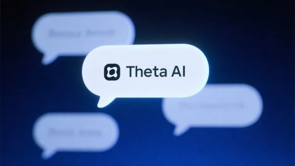 Interface du réseau social Threads affichant une réponse de l'IA Meta AI dans un fil de discussion, fond bleu nuit et blanc, bulles de conversation superposées