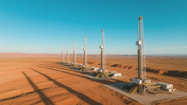 Vue aérienne d'un site de forage géothermique dans le désert de l'Utah, plusieurs derricks métalliques alignés sous un ciel bleu dégagé, contraste entre le sol rocailleux ocre et les structures argentées, fin de journée avec ombres allongées