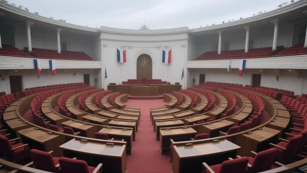 Vue aérienne de l'Assemblée nationale française avec des hémicycles vides et des drapeaux tricolores, lumière grise et atmosphère tendue