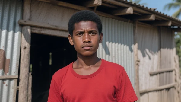 Portrait en gros plan d'un jeune Kanak au regard déterminé, portant un t-shirt rouge, debout devant une case traditionnelle en bois et tôle ondulée, lumière d'après-midi tropicale